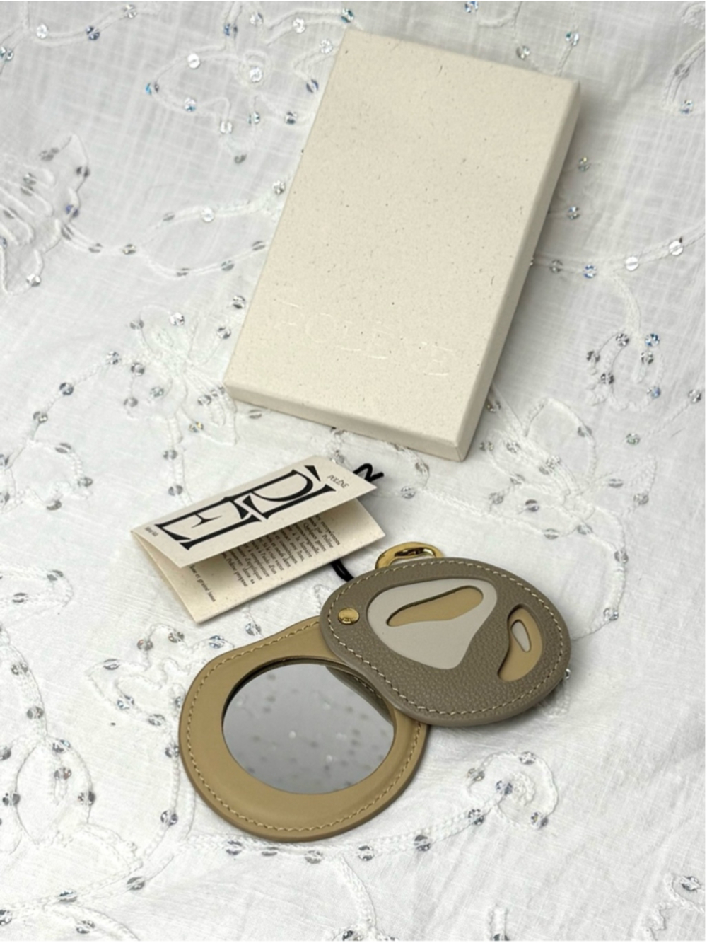 Polène Mirror Atla Trio Taupe Leather Bag Charm Compact Mirror NIB - Picture 2 of 5